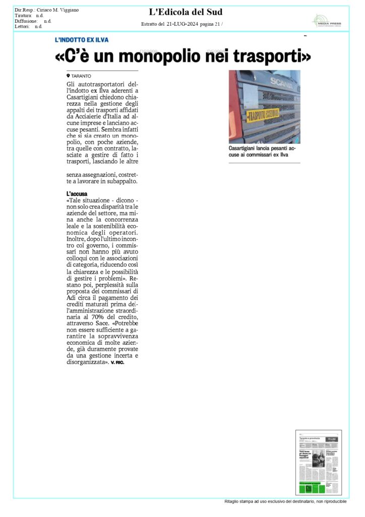 Edicola-del-Sud-21-7_page-0001-724x1024 Casartigiani: «Le nostre richieste ad Acciaierie e al Governo per la tutela dei crediti degli autotrasportatori»