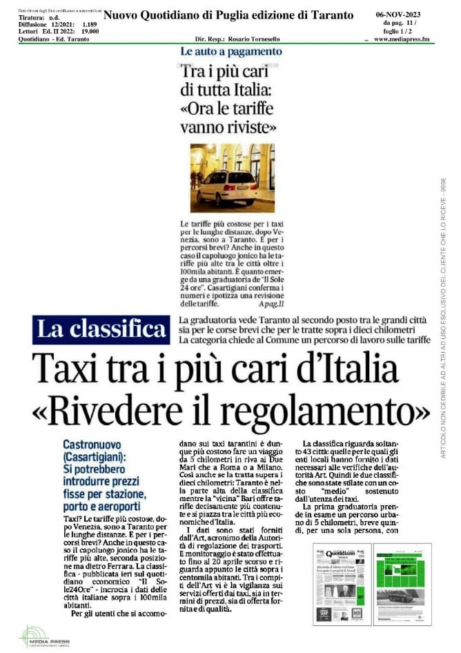 Nuovo-Quotidiano-6-11-23-1 Taxi tarantini tra i più cari d'Italia
