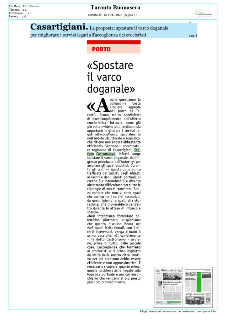 Taranto-Sera-18-6_page-0001-724x1024 Crociere, Castronuovo: «Urge spostare il varco doganale»