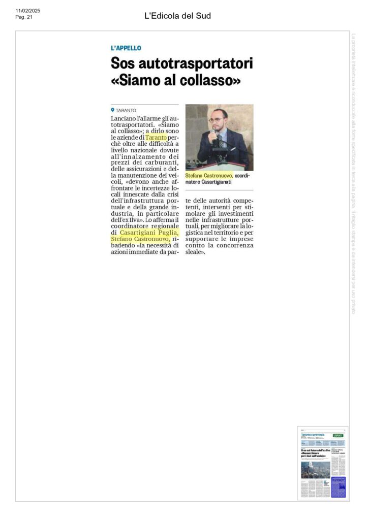 Edicola-del-sud-11-2_page-0001-724x1024 Casartigiani Puglia, Castronuovo sulla crisi dell'autotrasporto tarantino: «Il settore rischia di trovarsi a un punto di non ritorno»