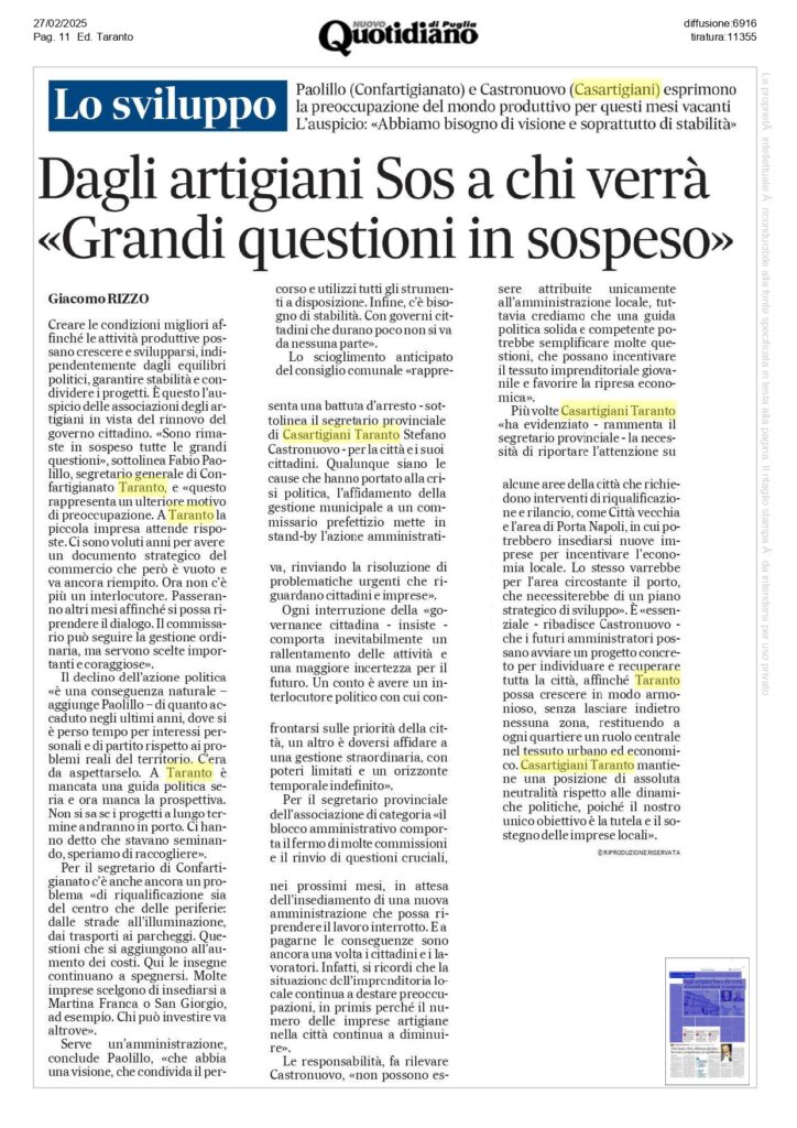 Quotidiano-27-2_page-0001-724x1024 Scioglimento anticipato, Castronuovo «La politica scelga responsabilmente per Taranto»