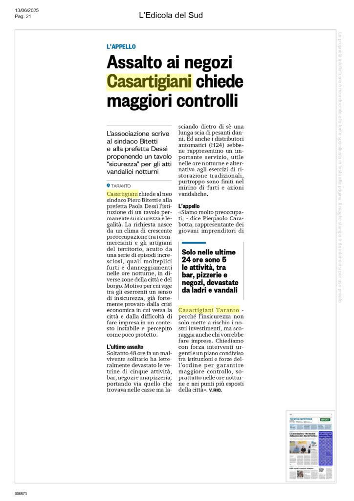 Edicola-del-Sud-13-6-25_page-0001-724x1024 Casartigiani Taranto chiede istituzione tavolo permanente sicurezza e legalità