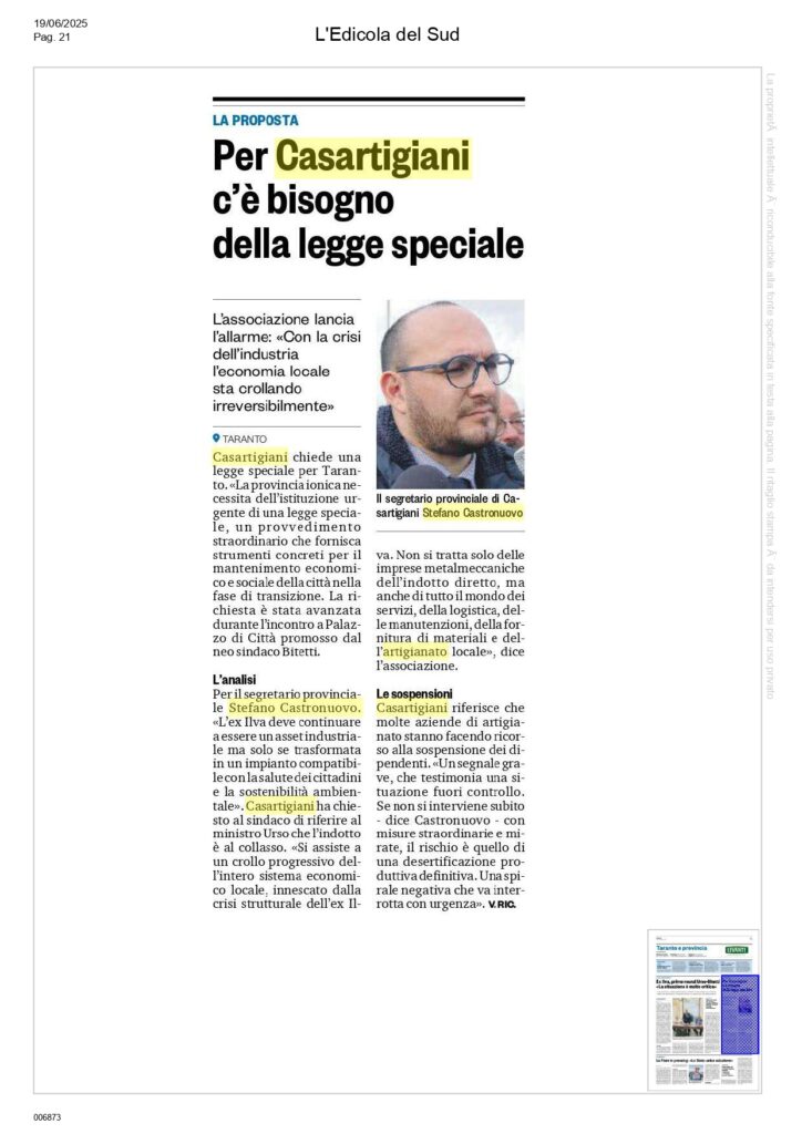 Edicola-del-Sud-19-6-25_page-0001-724x1024 Tavolo ex Ilva al Comune, Casartigiani: «Serve una legge speciale per Taranto»