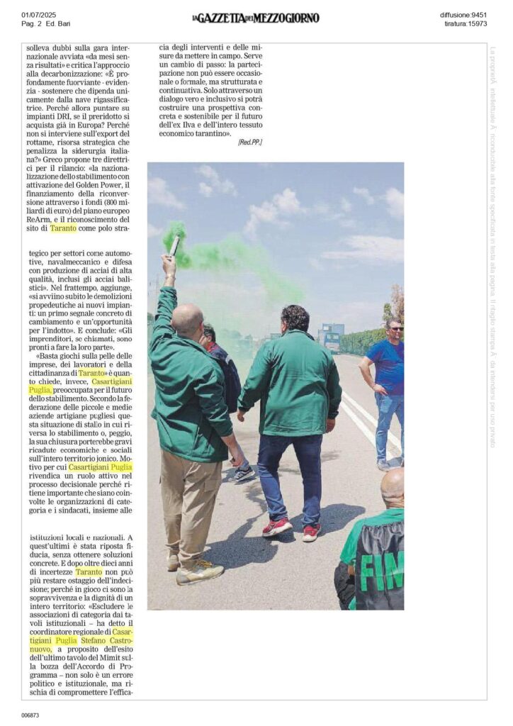 Gazzetta-del-Mezzogiorno-1-7_page-0002-724x1024 Ex Ilva Taranto, Casartigiani Puglia: «Non escludeteci dai tavoli istituzionali»