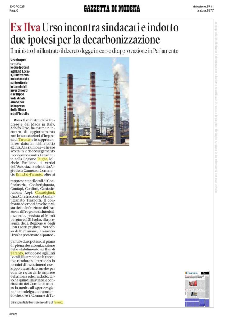 Gazzetta-di-Modena_page-0001-724x1024 Casartigiani sull’Accordo di Programma: «Le istituzioni assumano un atteggiamento responsabile sulla questione ex Ilva, per l’intera comunità»