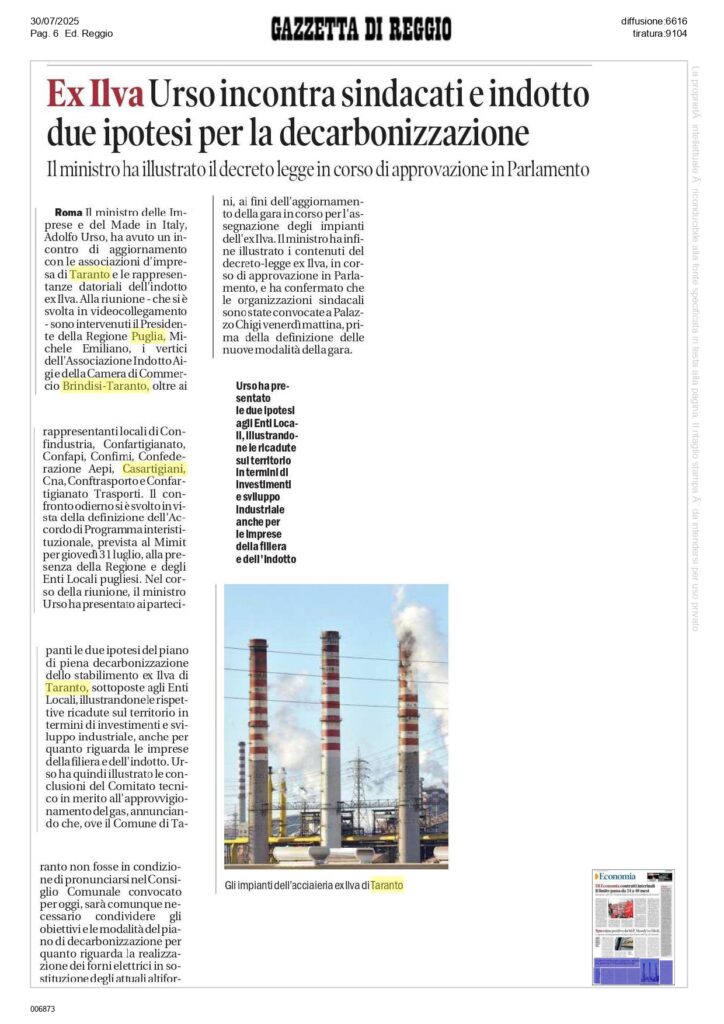 Gazzetta-di-Reggio_page-0001-724x1024 Casartigiani sull’Accordo di Programma: «Le istituzioni assumano un atteggiamento responsabile sulla questione ex Ilva, per l’intera comunità»