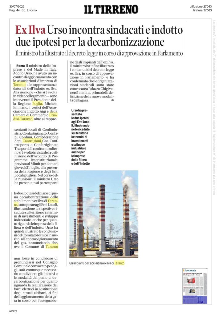 Il-Tirreno_page-0001-724x1024 Casartigiani sull’Accordo di Programma: «Le istituzioni assumano un atteggiamento responsabile sulla questione ex Ilva, per l’intera comunità»