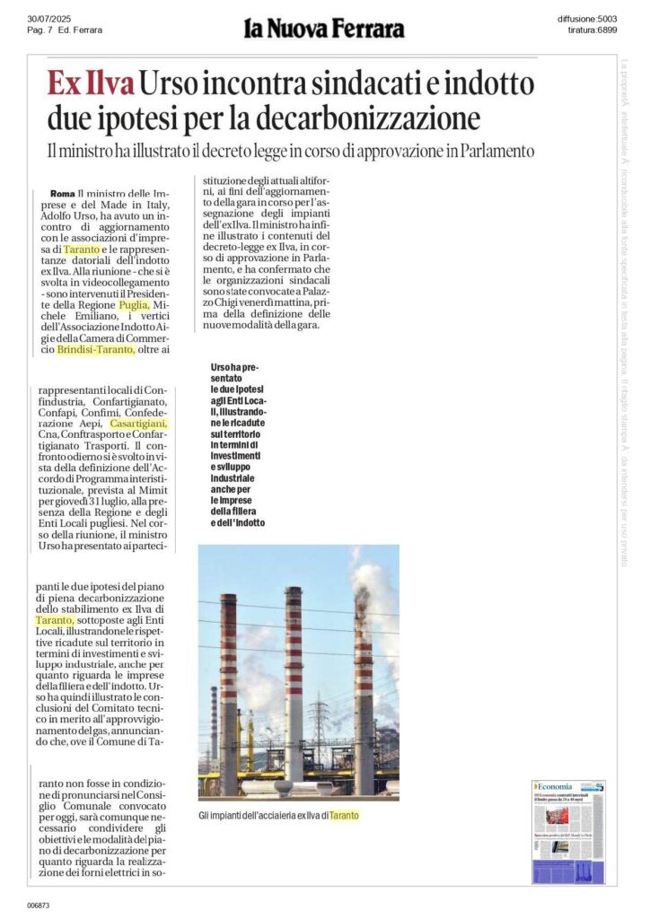 La-Nuova-Ferrara_page-0001-724x1024 Casartigiani sull’Accordo di Programma: «Le istituzioni assumano un atteggiamento responsabile sulla questione ex Ilva, per l’intera comunità»