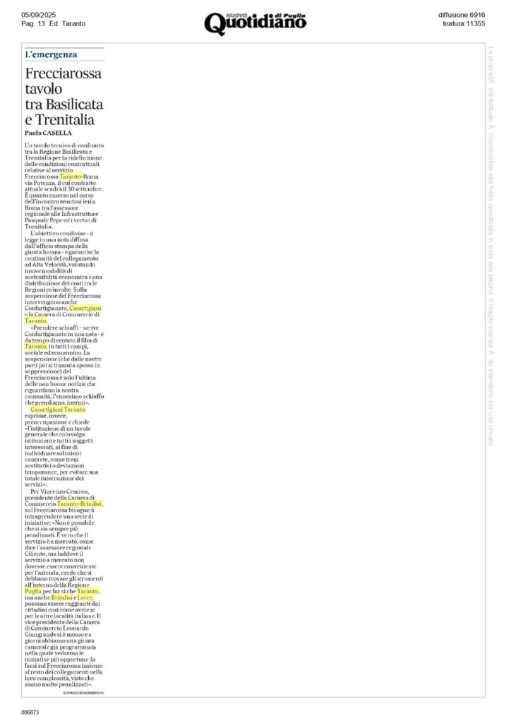 Quotidiano-puglia-5-9_page-0001-724x1024 Frecciarossa Taranto Roma, la preoccupazione di Casartigiani Taranto