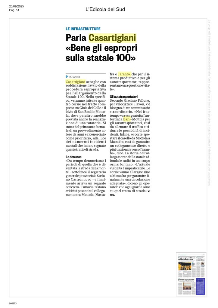 Edicola-del-Sud-25-9-25_page-0001-724x1024 Casartigiani, soddisfazione per la procedura espropriativa allargamento Statale 100