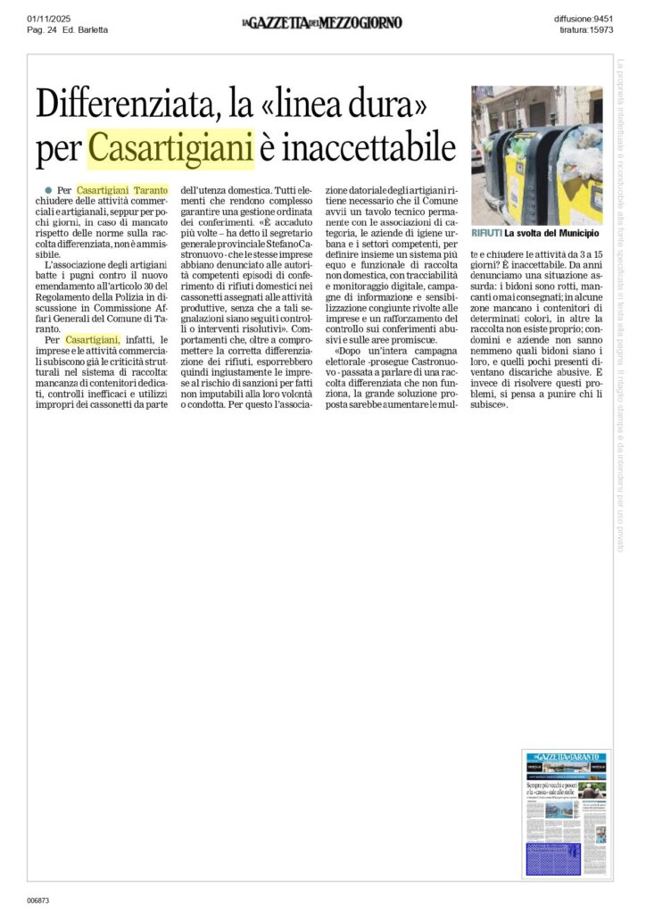 Gazzetta-del-Mezzogiorno-1-11-25_page-0001-2-724x1024 Casartigiani Taranto, sulla raccolta differenziata: «Non accetteremo la criminalizzazione delle imprese»
