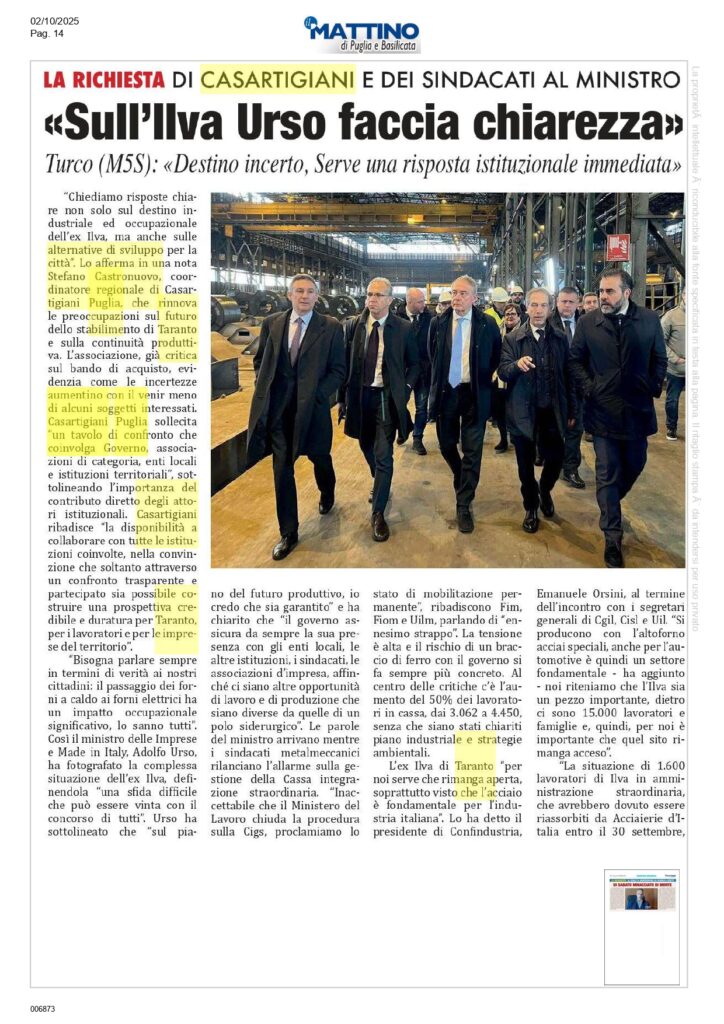Il-Mattino-2-10_pa1-1-1-724x1024 Casartigiani Taranto, la solidarietà ai lavoratori ex Ilva e richiesta di risposte sul futuro