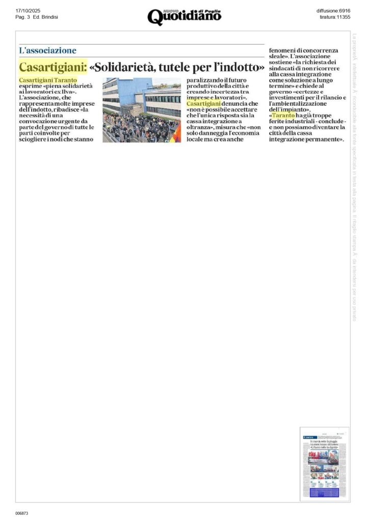 Nuovo-Quotidiano-17-10-25_page-0001-724x1024 Casartigiani Taranto, la solidarietà ai lavoratori ex Ilva e richiesta di risposte sul futuro