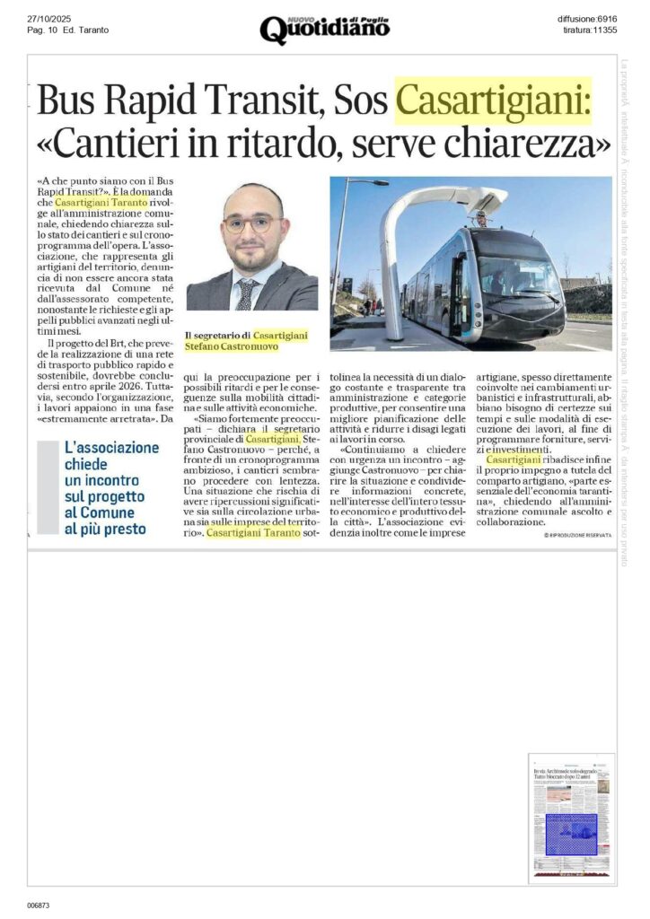 Nuovo-Quotidiano-21-10_page-0001-724x1024 Casartigiani Taranto su BRT: «A che punto sono i cantieri?»