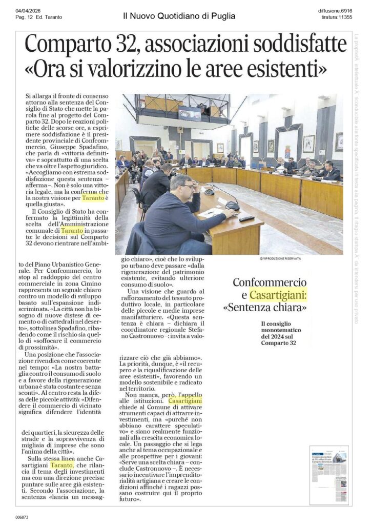 quotidiano-4-04_page-0001-724x1024 Comparto 32, la sentenza definitiva: Casartigiani Taranto rinnova appello investimenti zone da valorizzare