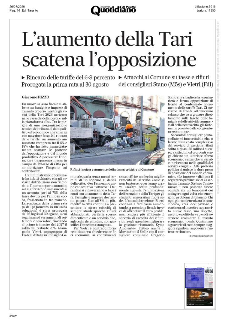 Quotidiano-26-7_page-0001-724x1024 Aumento TARI, Casartigiani: «Le imprese non possono continuare a pagare il prezzo delle inefficienze»