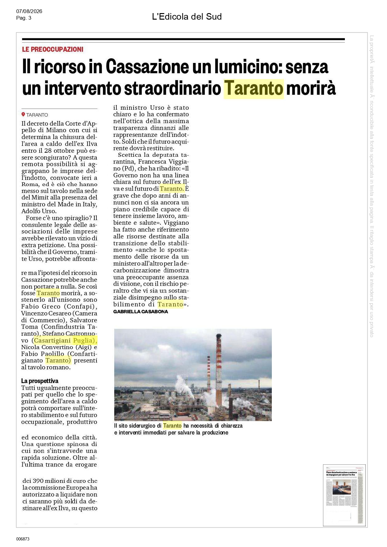 Edicola-7-8_page-0001 Ex Ilva, Casartigiani: «La fermata dell’area a caldo non fermi Taranto. Ora misure straordinarie e una nuova politica industriale»
