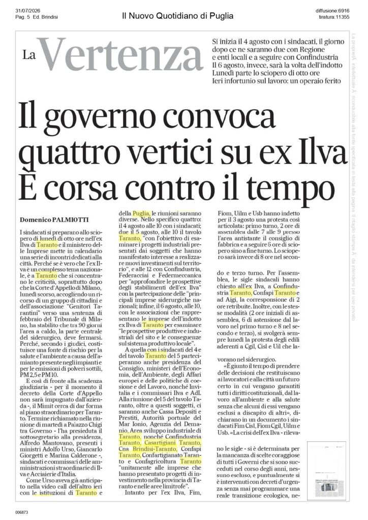 Nuovo-Quotidiano-31-7_page-0001-724x1024 Ex Ilva Taranto: la transizione ecologica è l'unica strada per salvare lavoro, salute e sviluppo