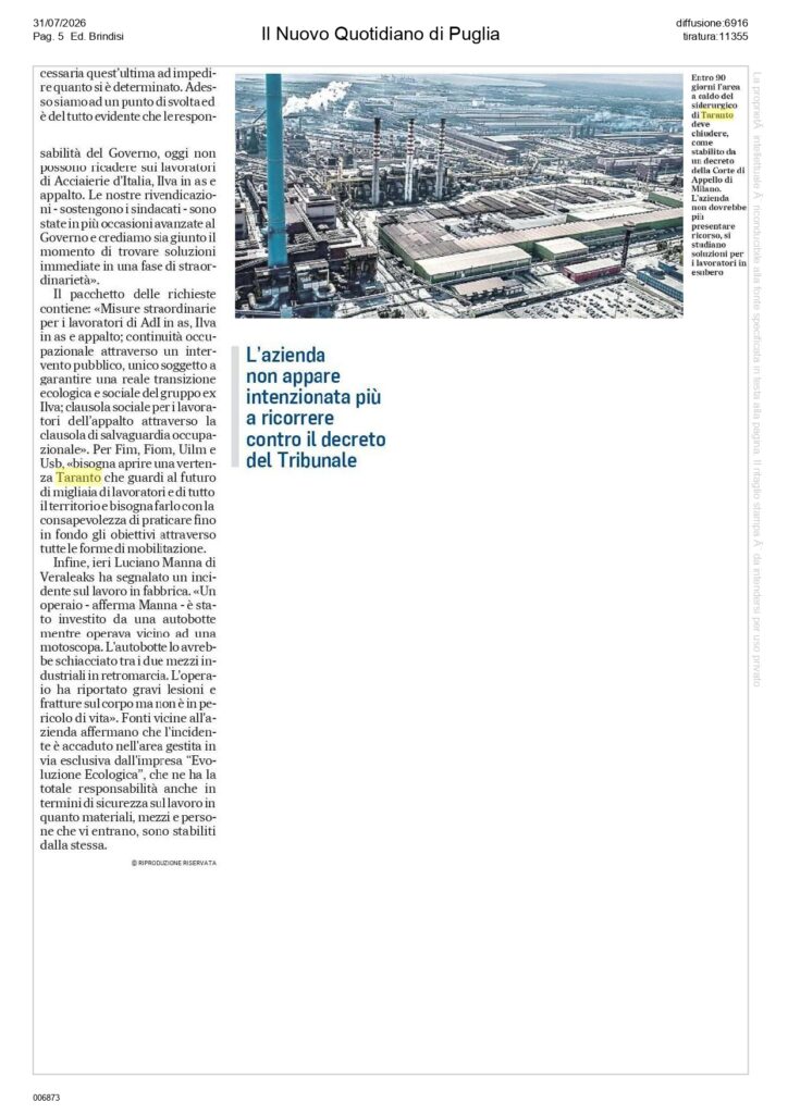 Nuovo-Quotidiano-31-7_page-0002-724x1024 Ex Ilva Taranto: la transizione ecologica è l'unica strada per salvare lavoro, salute e sviluppo