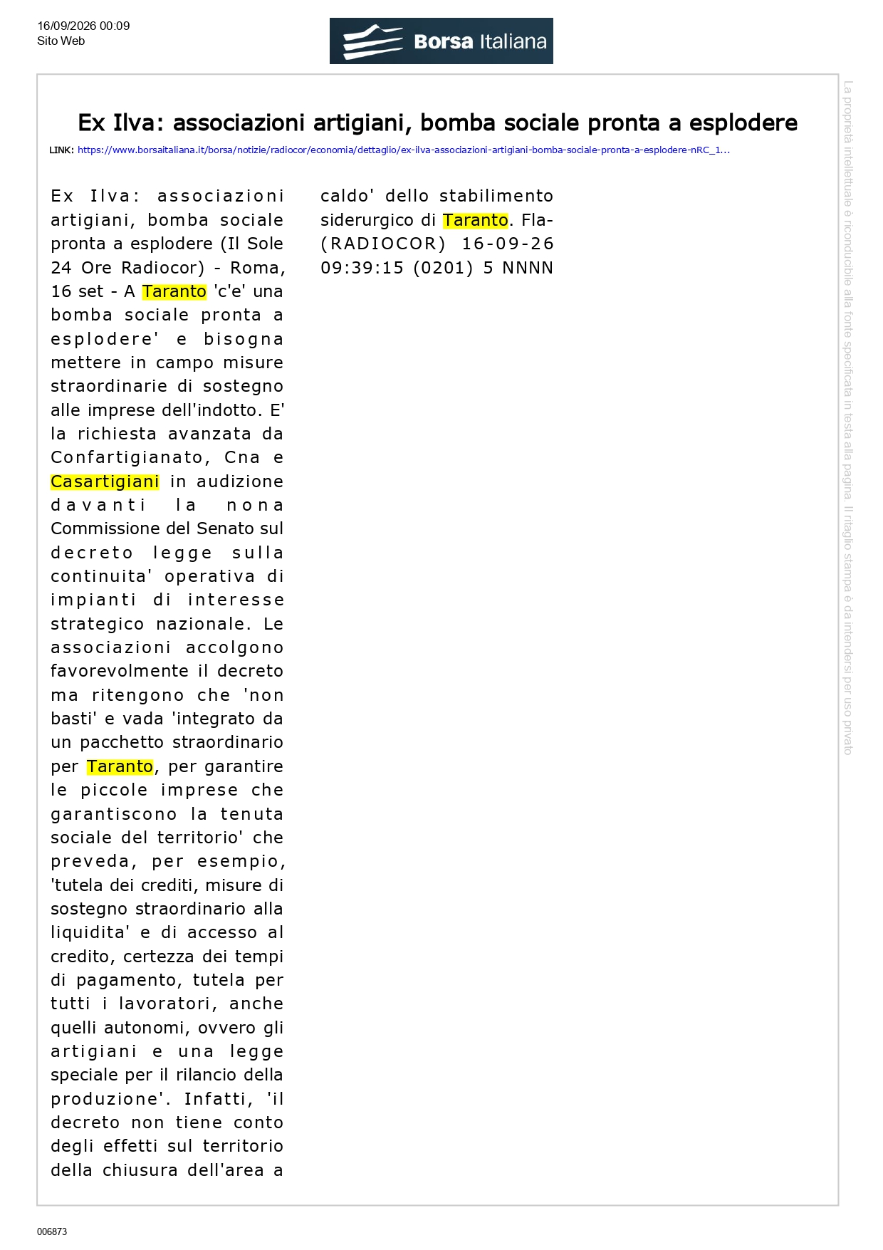 Borsa-Italiana-16-9-26_page-0001 CASARTIGIANI, Confartigianato, CNA:“Il D.L. 154/2026 da solo non basta. Serve un pacchetto straordinario e una Legge Speciale per salvare Taranto