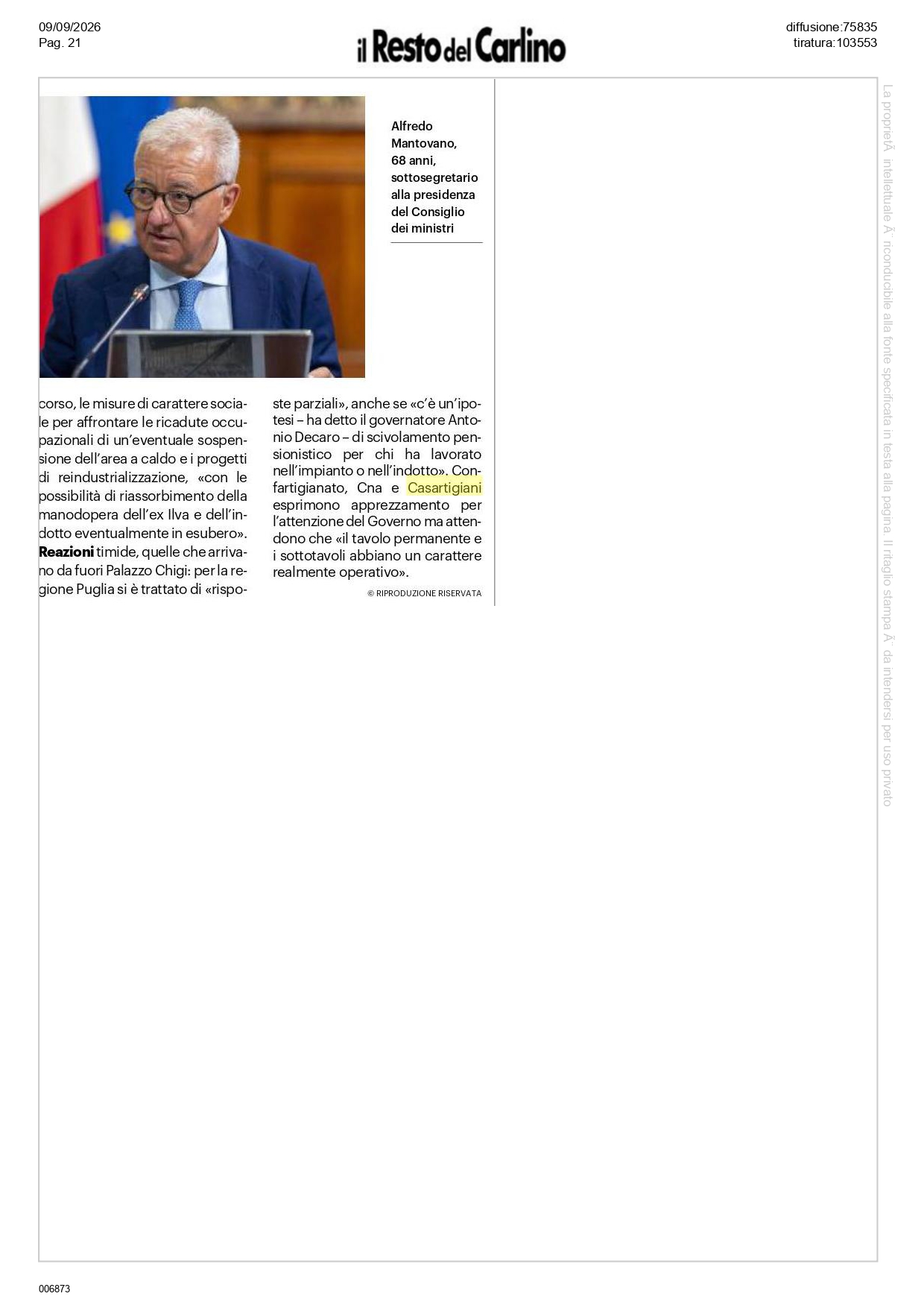 Il-Resto-del-Carlino-9-9-26_page-0002 Ex Ilva, Confartigianato, Cna e Casartigiani: «Positiva l’attenzione del Governo. Ora confronto reale e risposte concrete»
