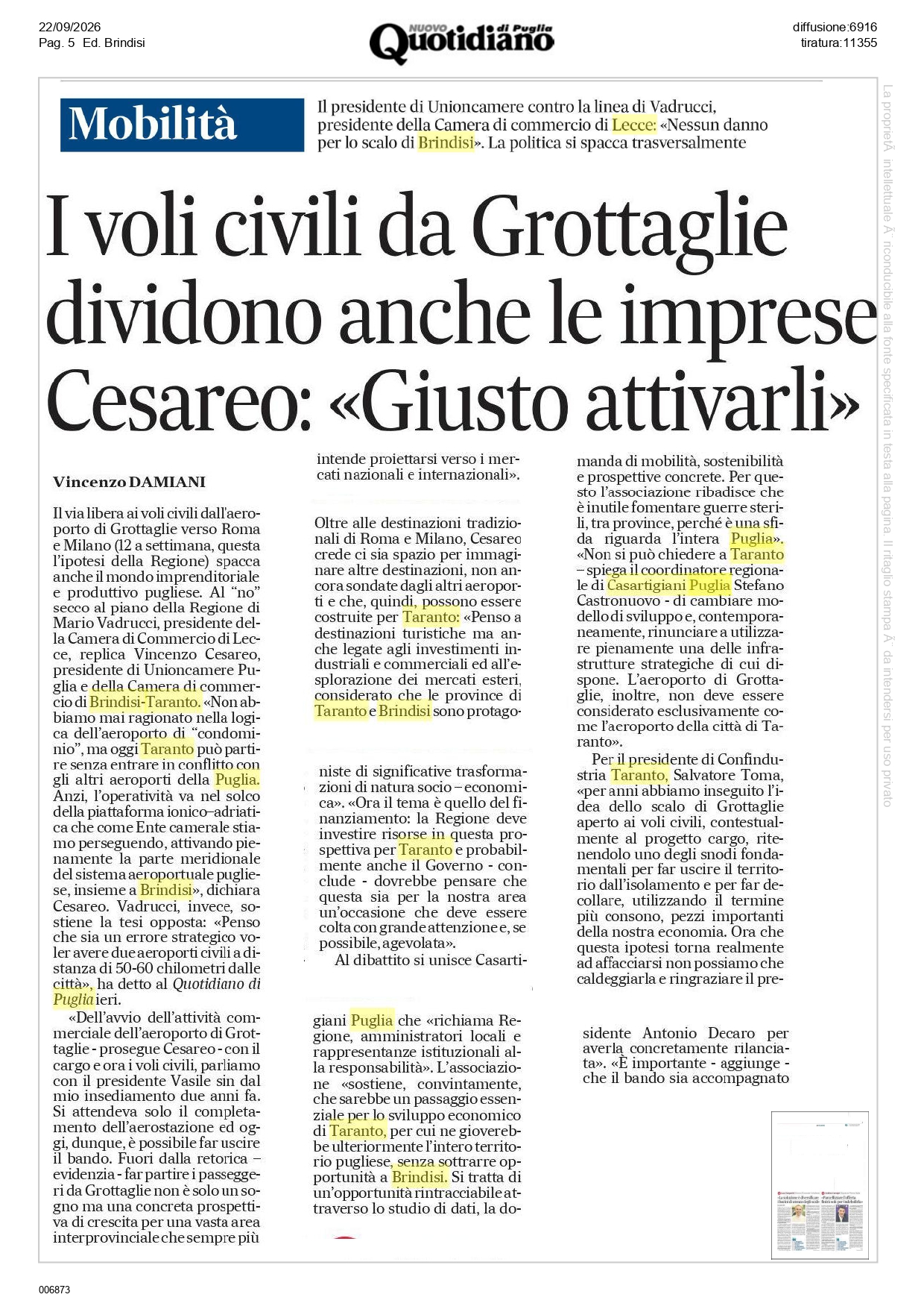 Quotidiano-22-9-26_page-0001 Aeroporto di Grottaglie: Casartigiani chiede voli civili e tempi certi